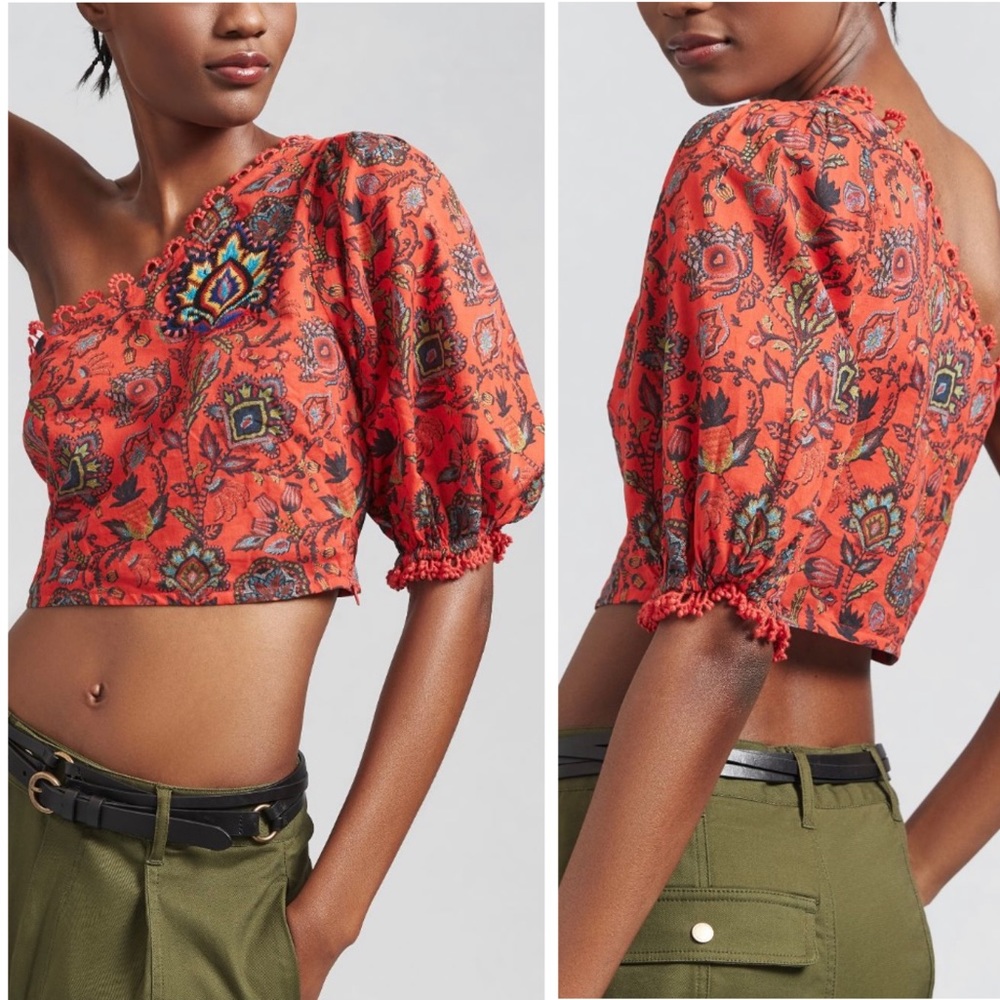 Anthropologie x Farm Rio One-Shoulder Embroidered Crop Top, Size M